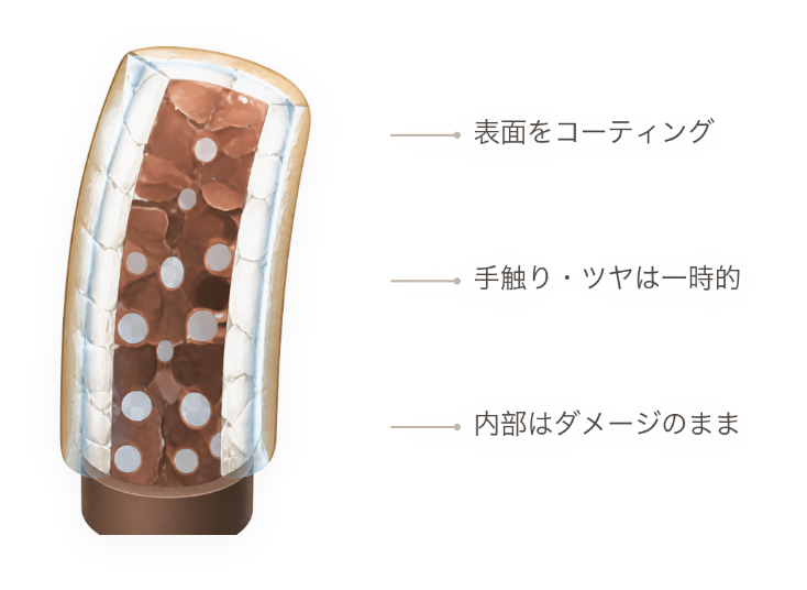 一般的なケア：表面をコーティング、手触りとツヤは一時的、内部のダメージ